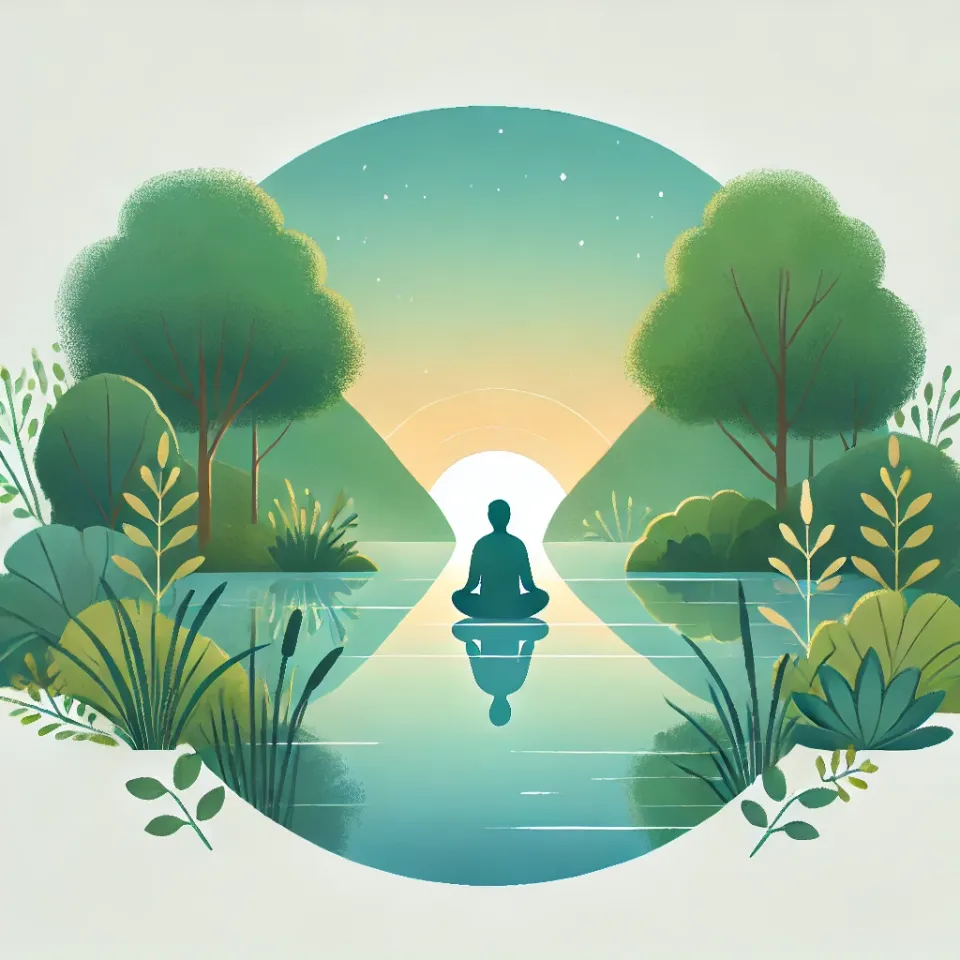 Persona meditando junto a un lago rodeado de naturaleza, simbolizando estrategias para liberar el estrés.