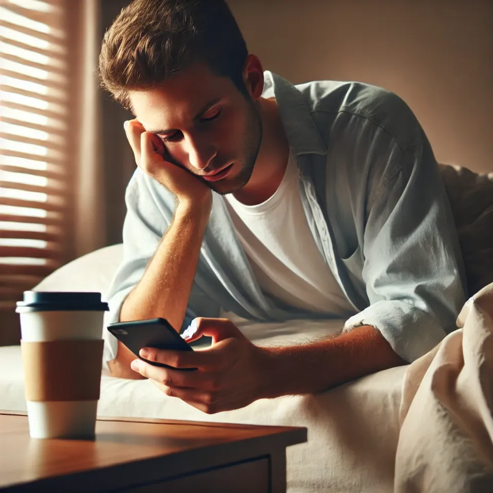 Persona cansada usando el móvil en la cama, uno de los hábitos que roba energía.