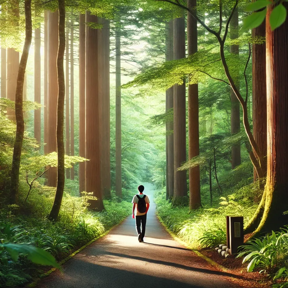 Persona caminando por la naturaleza, reconectando con su bienestar y recuperando energía.